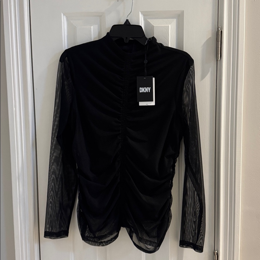 NWT DKNY Black Mesh Bodycon Top w/ Mesh Sheer Sleeves